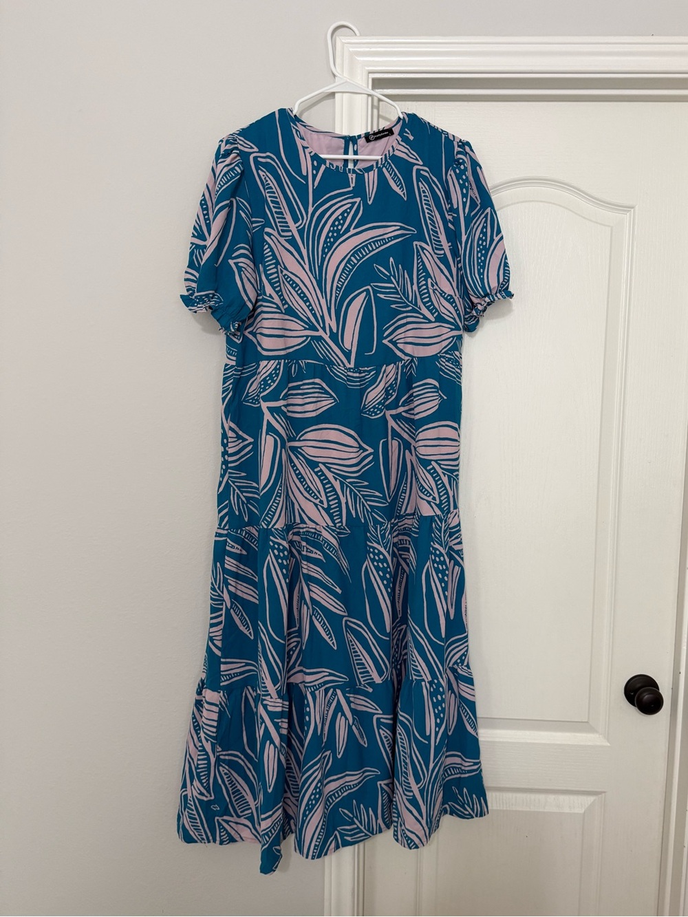 PrettyGarden Teal Pink Tropical Floral Tiered Maxi Dress - Size L